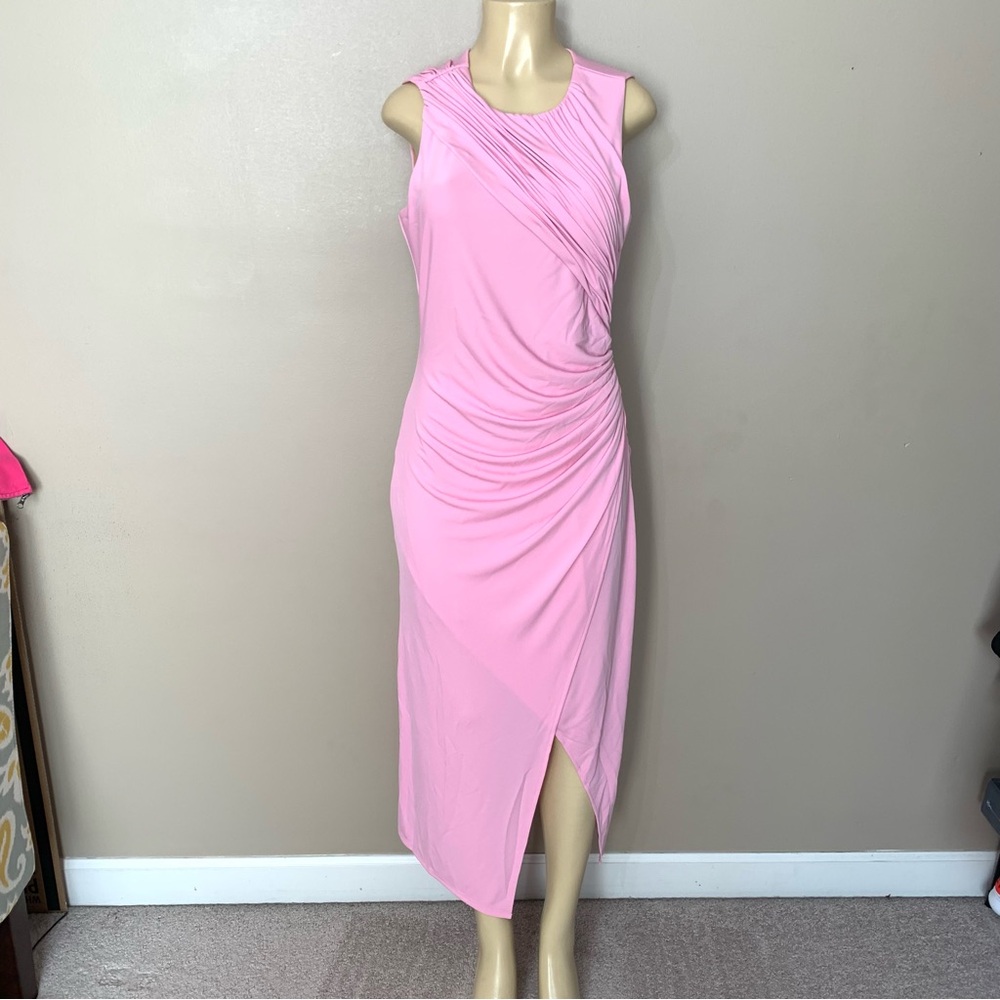 Cinq a Sept $395 Wesson Ruched Bodycon Front Slit Midi Pink Dress Women’s Sz 12